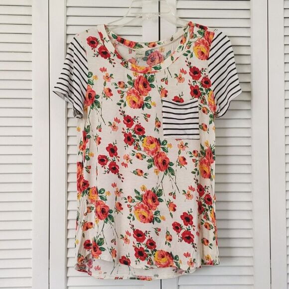 Brenda's Floral Stripe Stretch Pocket Tee Women's size L - Picture 1 of 4
